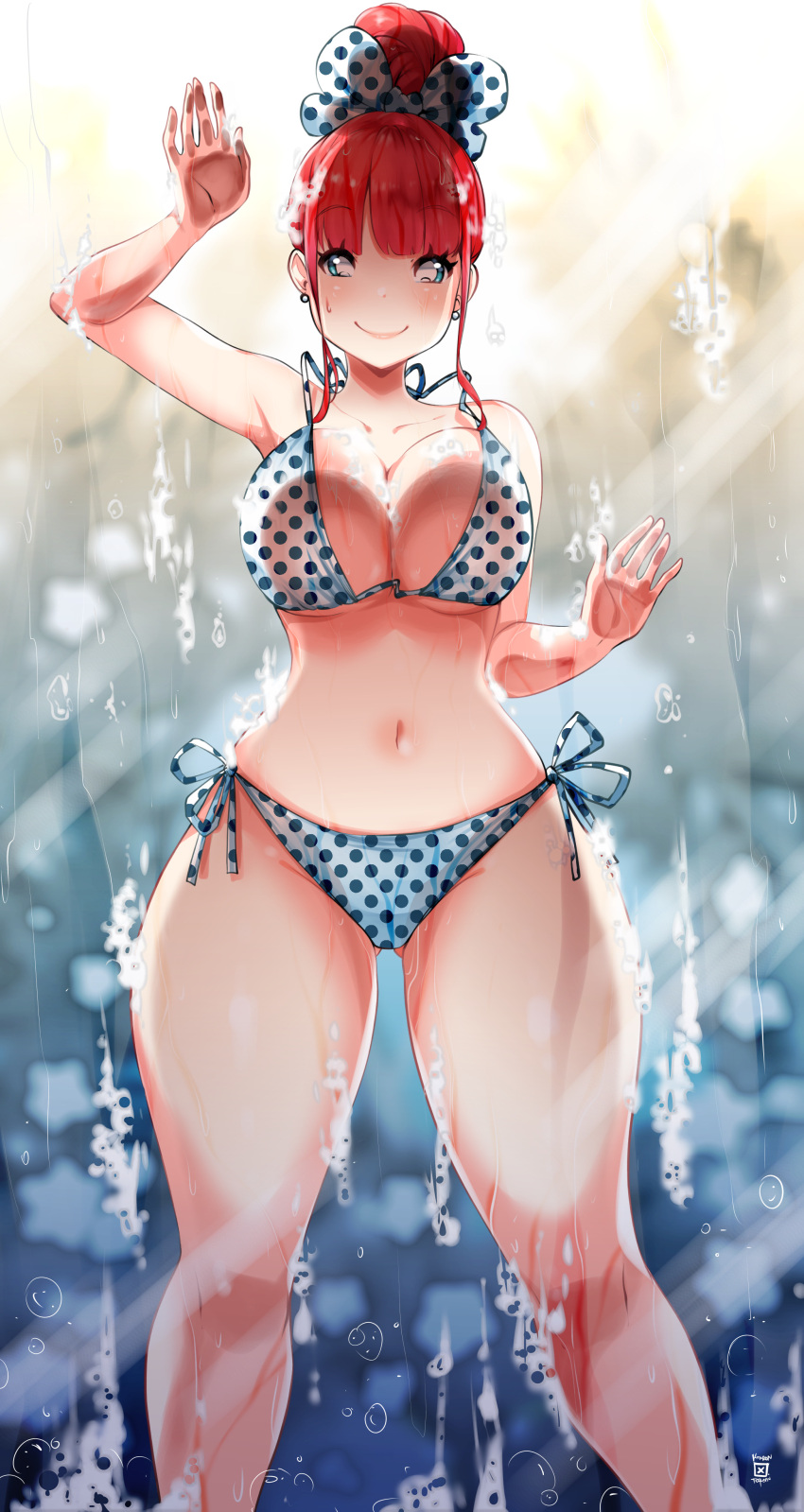 1girl absurdres aqua_bow bikini bow breasts curvy hair_bun highres kenron_toqueen large_breasts navel original red_hair single_hair_bun solo swimsuit thick_thighs thighs tomatita