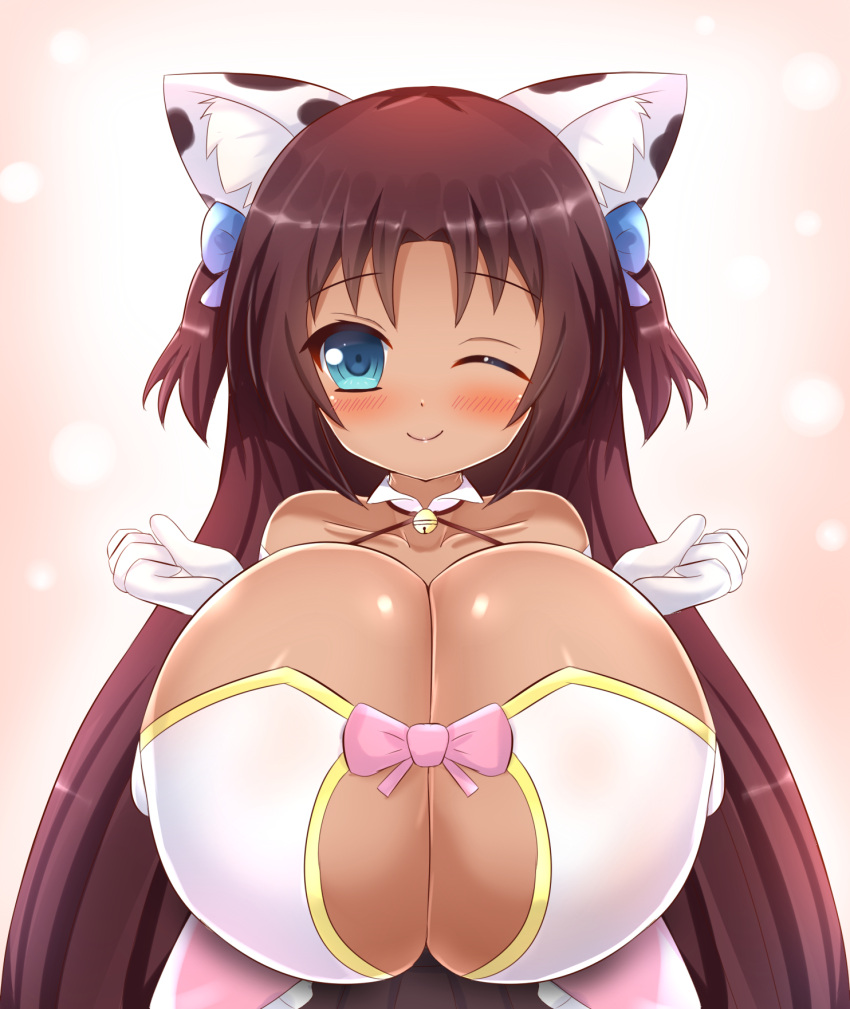 1girl animal_ears animal_print bare_shoulders bell blue_bow blue_eyes blush bow breast_squeeze breasts brown_hair cat_ears cat_girl cleavage cleavage_cutout clothing_cutout collar commission cow_print dark-skinned_female dark_skin dress elbow_gloves gloves hair_bow hair_ornament halterneck highres huge_breasts kane-neko long_hair looking_at_viewer naomi_minette one_eye_closed oppai_loli original petite pink_bow pink_dress pov shiny shiny_hair shiny_skin shortstack smile solo standing tight two_side_up upper_body white_gloves wing_collar