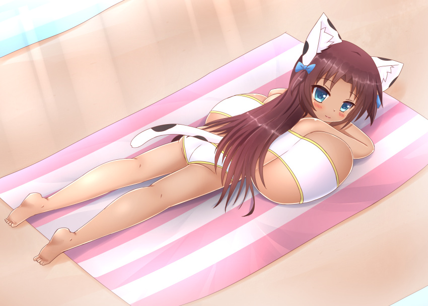1girl animal_ears animal_print ass back backboob bare_shoulders barefoot beach beach_towel bikini blue_bow blue_eyes blush bow breast_press breasts brown_hair cat_ears cat_girl cat_tail commission cow_print dark-skinned_female dark_skin feet full_body hair_bow hair_ornament highres huge_breasts kane-neko long_hair looking_at_viewer lying naomi_minette on_stomach oppai_loli original petite shiny shiny_hair shiny_skin smile solo strapless swimsuit tail tight towel tube_top two_side_up
