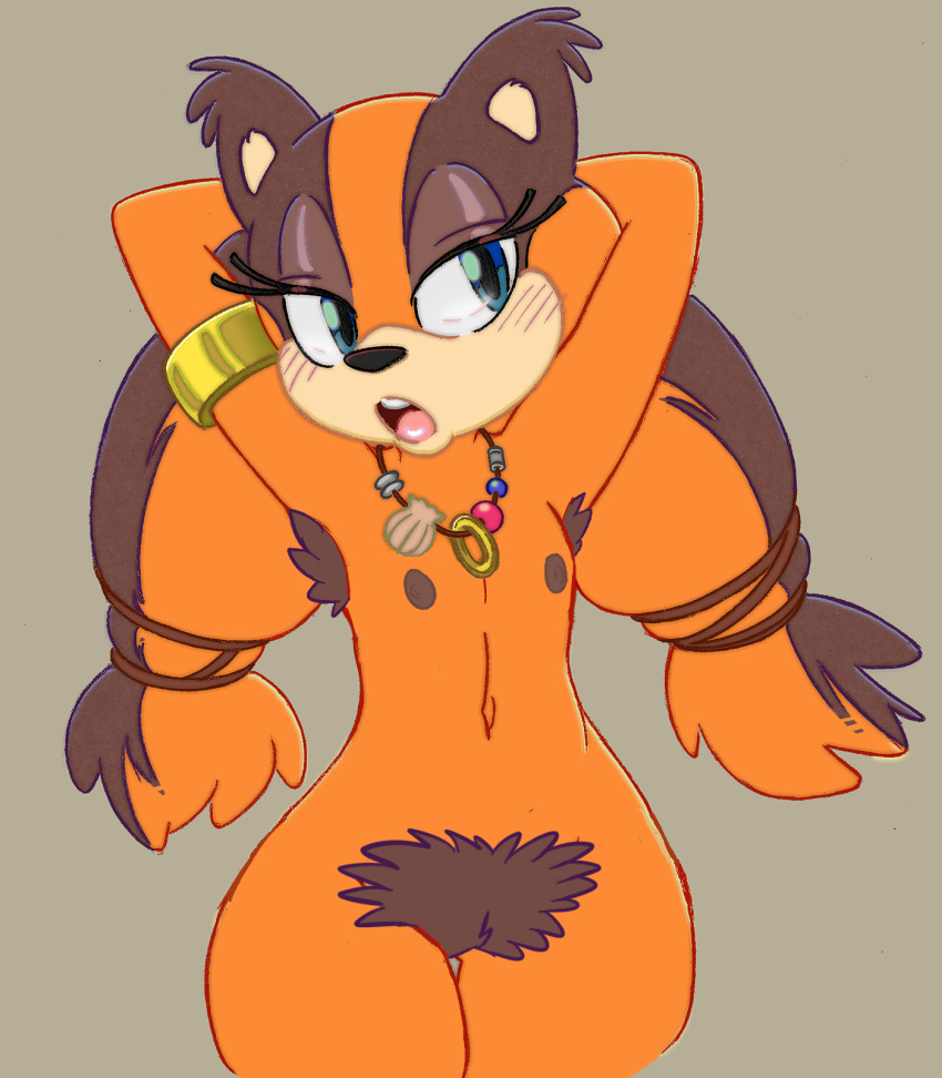 anthro armpit_hair badger big-e6 blue_eyes blush body_hair clothed clothing edit female flat_chested fur hairy hands_behind_head hi_res jewelry mammal midriff mustelid musteline navel necklace open_mouth orange_body orange_fur pubes sega simple_background skimpy solo sonic_boom sonic_the_hedgehog_(series) sticks_the_jungle_badger