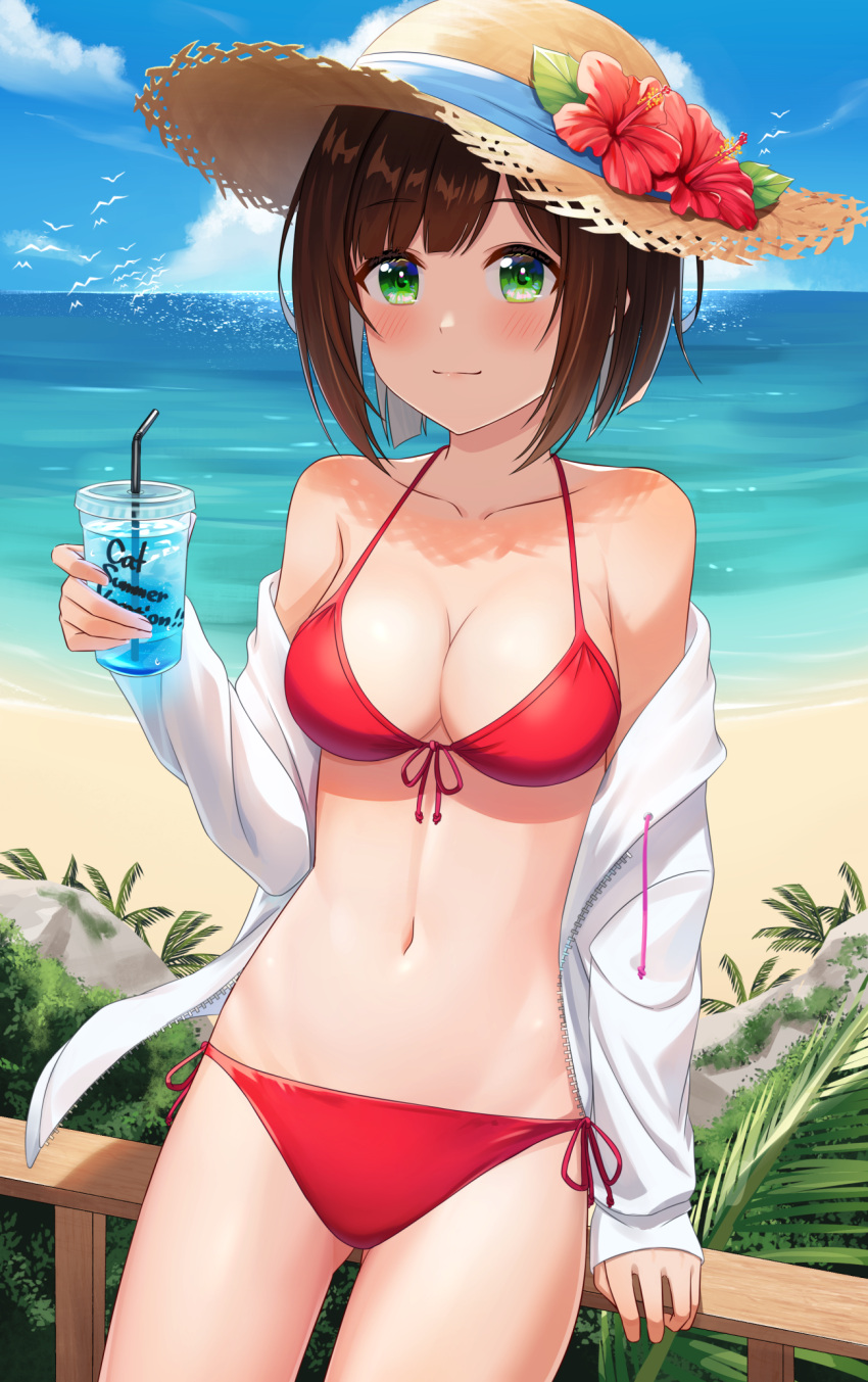 1girl ass_visible_through_thighs bare_shoulders beach bikini breasts brown_hair cleavage collarbone cowboy_shot drink flower front-tie_bikini front-tie_top green_eyes hat hibiscus highres idolmaster idolmaster_cinderella_girls kurageso looking_at_viewer lowleg lowleg_bikini maekawa_miku medium_breasts medium_hair navel ocean open_clothes open_shirt red_bikini side-tie_bikini sky solo straw_hat sun_hat swimsuit