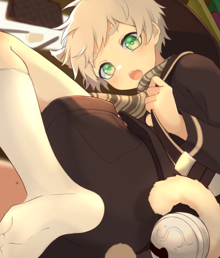 1boy animal_ears black_shirt black_shorts blonde_hair blush cat_boy cat_day fang green_eyes highres long_sleeves looking_at_viewer male_focus open_mouth original scarf shirt short_hair shorts skin_fang socks solo tatsu_wan white_socks