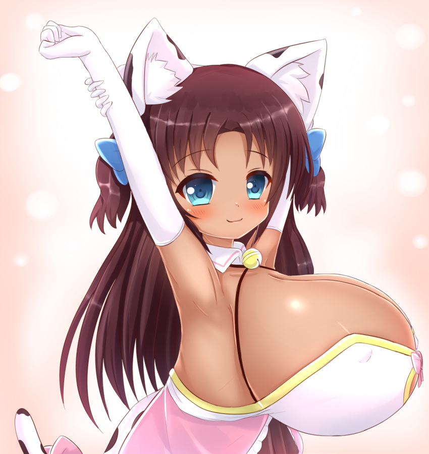 1girl animal_ears animal_print arm_behind_head armpits arms_up backless_dress backless_outfit bare_shoulders bell blue_bow blue_eyes blush bow breasts brown_hair cat_ears cat_girl cleavage cleavage_cutout clothing_cutout collar commission covered_nipples cow_print dark-skinned_female dark_skin dress elbow_gloves from_side gloves hair_bow hair_ornament halterneck highres huge_breasts kane-neko long_hair looking_at_viewer naomi_minette nipples oppai_loli original petite pink_bow pink_dress pose shiny shiny_hair shiny_skin shortstack sideboob simple_background smile solo standing stretching tail tail_bow tail_ornament taut_clothes tight two_side_up upper_body white_gloves wing_collar