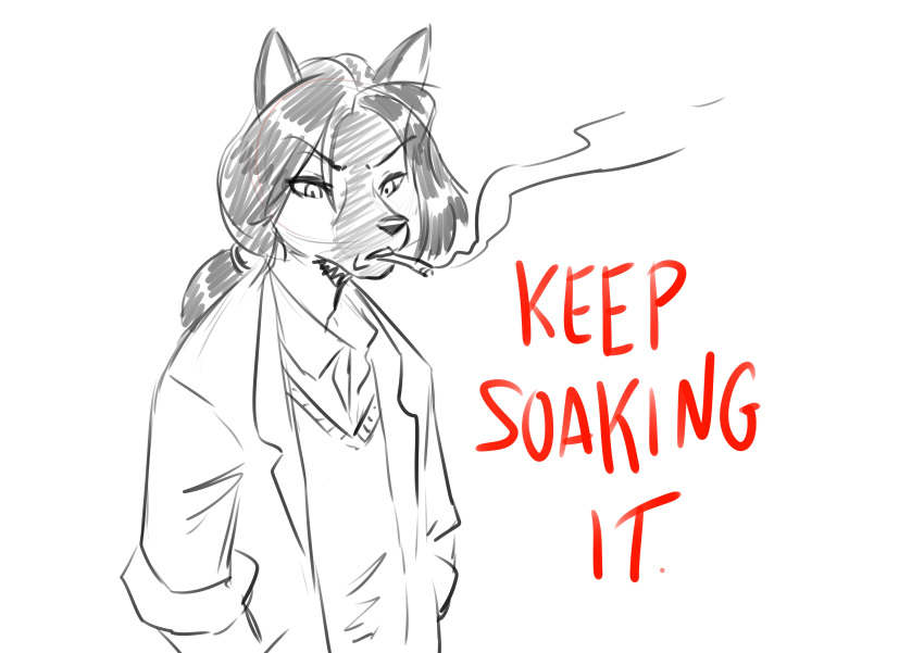 2021 absurd_res annoyed anthro canid canine canis charm_(chochi) chochi cigarette clothed clothing crossgender dialogue domestic_dog ftm_crossgender greyscale hair hi_res jacket lovely_pets male mammal monochrome open_clothing open_jacket open_topwear ponytail sketch smoking solo topwear vest