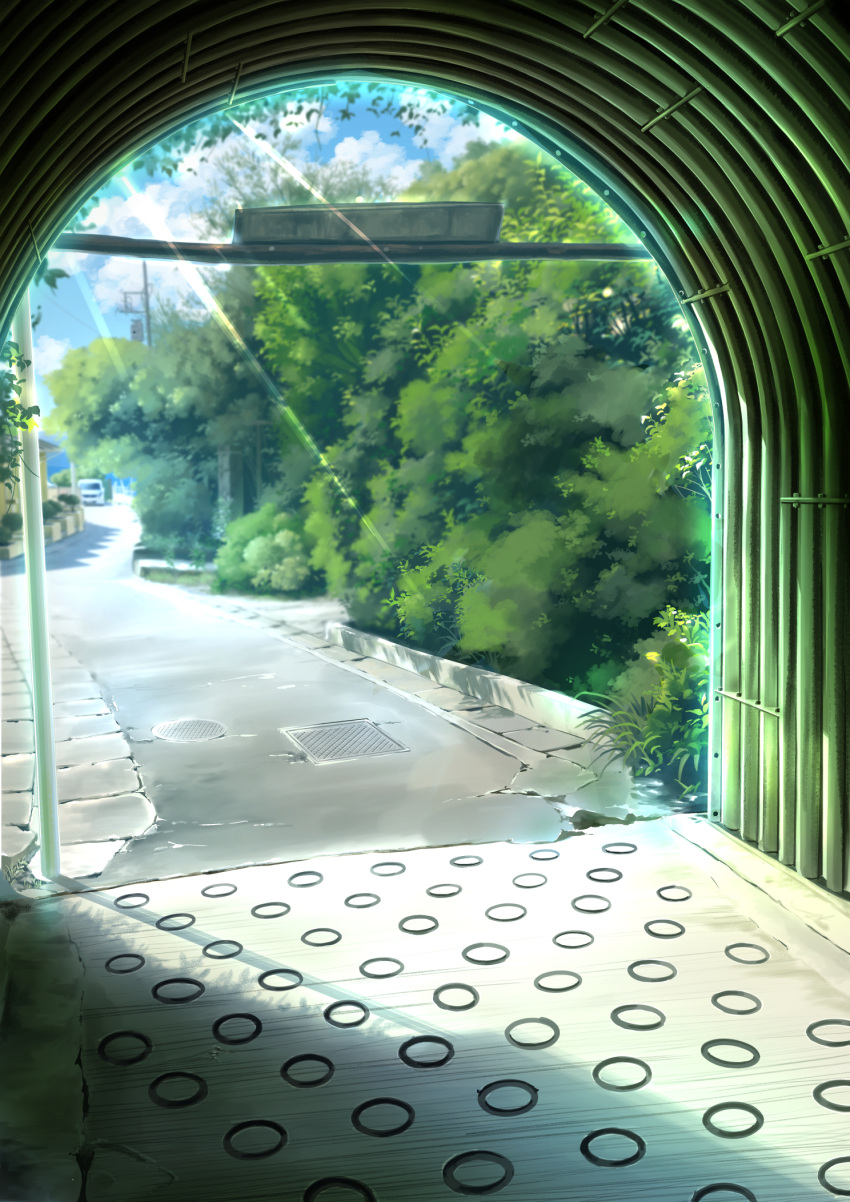 bush car clip_studio_paint_(medium) cloud cloudy_sky commentary_request day farmien0326 ground_vehicle highres manhole motor_vehicle no_humans original road scenery shadow sky street summer tunnel utility_pole
