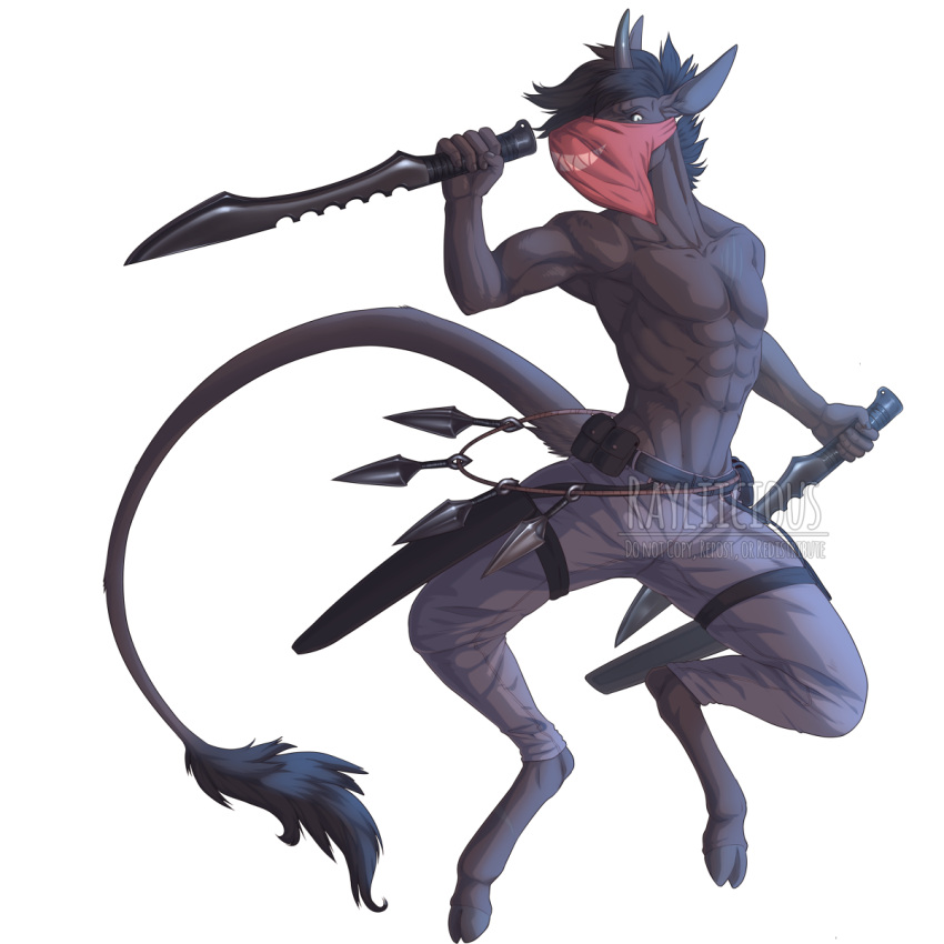 1:1 abs anthro black_hair black_tail_tuft equid equine female_(lore) fur grey_body grey_ears grey_fur grey_hooves grey_horn grey_inner_ear grey_tail hair hi_res holding_object holding_weapon hooves horn male mammal messy_hair muscular muscular_anthro muscular_male pecs rayliicious short_hair solo tail_tuft throwing_knife tuft unicorn unicorn_horn weapon white_eyes