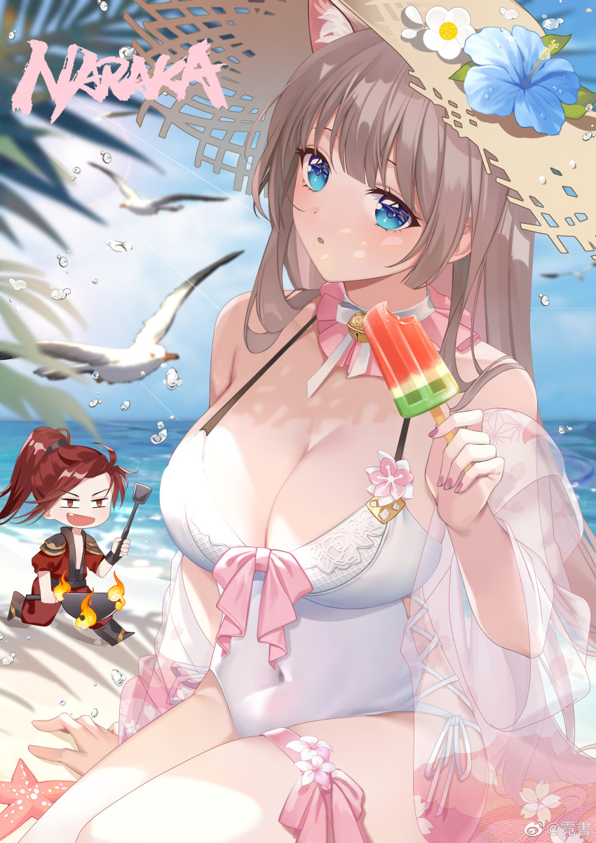 1boy 1girl absurdres animal_ears bell bird blue_eyes blue_sky breasts brown_hair chibi choker cloud detached_sleeves food fox_ears frilled_choker frills hat highres large_breasts ni_shu popsicle seagull see-through see-through_sleeves sky straw_hat swimsuit tsuchimikado_kurumi_(yong_jie_wujian) water watermelon_bar yong_jie_wujian