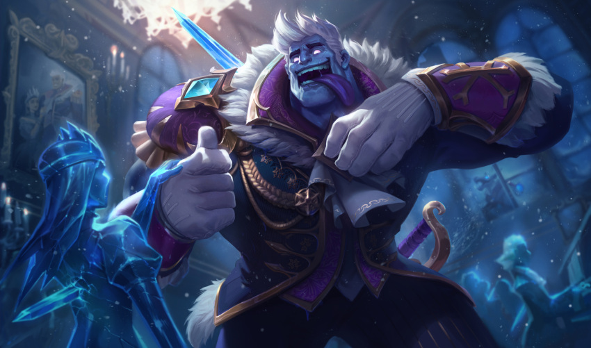 absurdres alternate_costume bad_source blue_eyes blue_skin blurry blurry_background candle castle chandelier coat colored_skin crowgod dr._mundo feet_out_of_frame frozen frozen_prince_mundo gauntlets giant gloves glowing glowing_eyes highres ice ice_king_twitch league_of_legends looking_to_the_side muscular muscular_male portrait_(object) short_hair shoulder_pads size_difference snow snowing statue sword teeth tongue tongue_out twitch_(league_of_legends) weapon white_hair