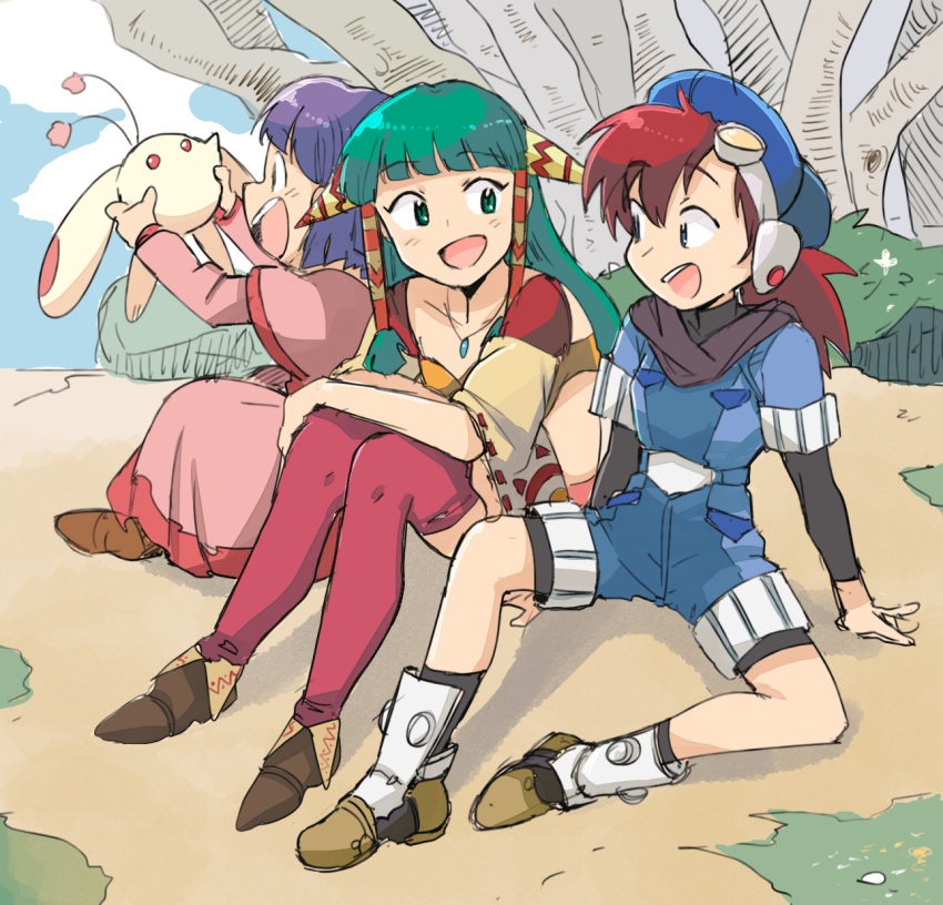 1boy 2girls blue_eyes dress feena_(grandia) full_body grandia grandia_i green_eyes green_hair hair_ornament hair_tubes hat highres jewelry justin_(grandia) long_hair low-tied_long_hair midriff multiple_girls necklace open_mouth purple_hair puui_(grandia) smile sue_(grandia) thighhighs tsubobot wide_sleeves