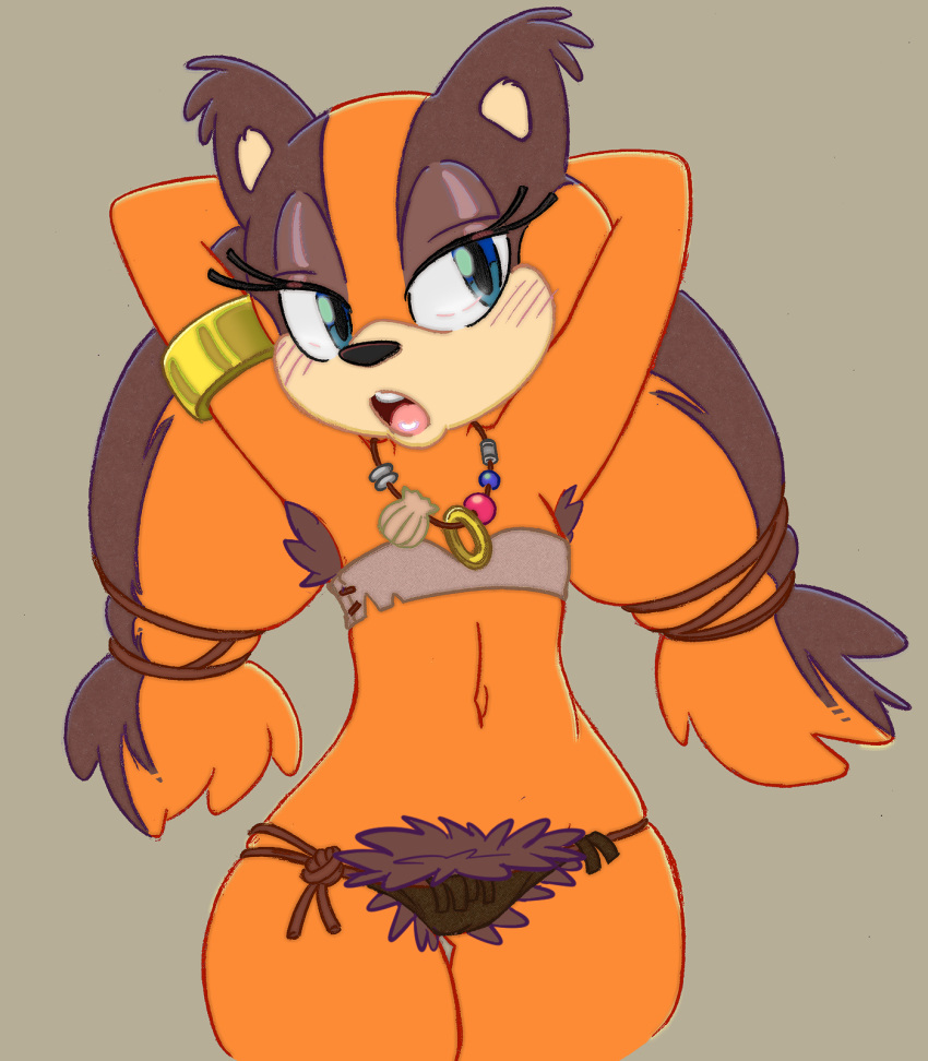 anthro armpit_hair badger big-e6 blue_eyes blush body_hair clothed clothing edit female flat_chested fur hairy hands_behind_head hi_res jewelry mammal midriff mustelid musteline navel necklace open_mouth orange_body orange_fur pubes pubes_exposed sega simple_background skimpy solo sonic_boom sonic_the_hedgehog_(series) sticks_the_jungle_badger