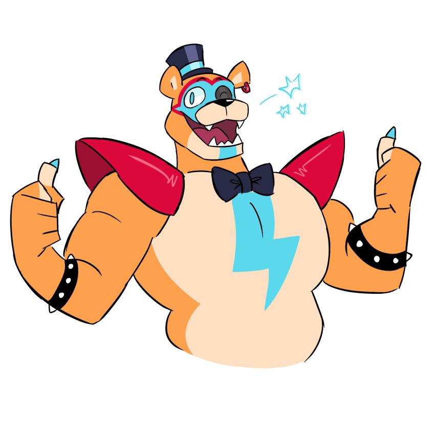5_fingers anthro black_bow_tie black_top_hat blue_claws blue_eyes bracelet claws clothing double_thumbs_up ear_piercing fangs fingers fist five_nights_at_freddy's five_nights_at_freddy's:_security_breach fur gesture glamrock_freddy_(fnaf) hat headgear headwear hi_res javigameboy jewelry looking_at_viewer male mammal musclegut muscular muscular_anthro muscular_male one_eye_closed open_mouth piercing red_tongue scottgames sharp_teeth simple_background slightly_chubby solo spiked_bracelet spikes star tan_body tan_fur teeth thumbs_up tongue top_hat ursid video_games white_background wink winking_at_viewer
