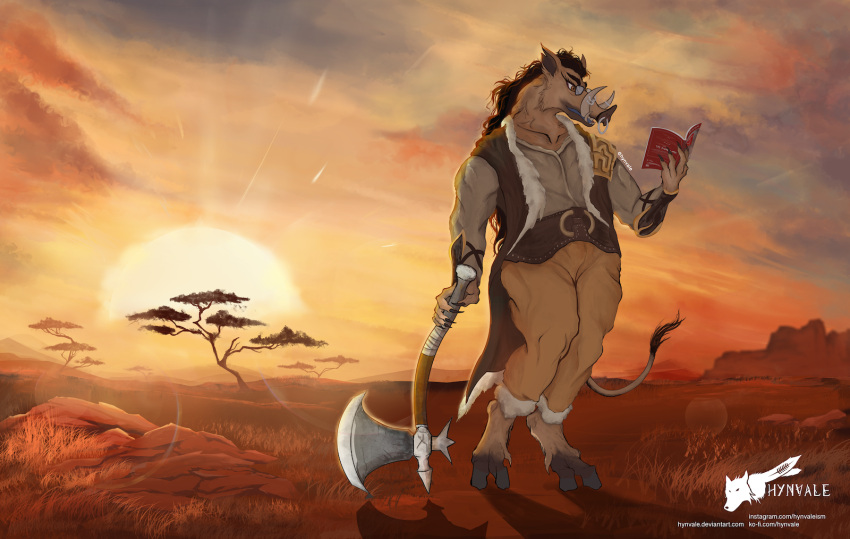 african anthro axe barbarian book clothing costume detailed_background devante_(xavious216) eyewear glasses grass hi_res hynvale looking_at_another male mammal melee_weapon mohawk muscular nature outside plant reading reading_book solo suid suina sun sunset sus_(pig) tree weapon wild_boar