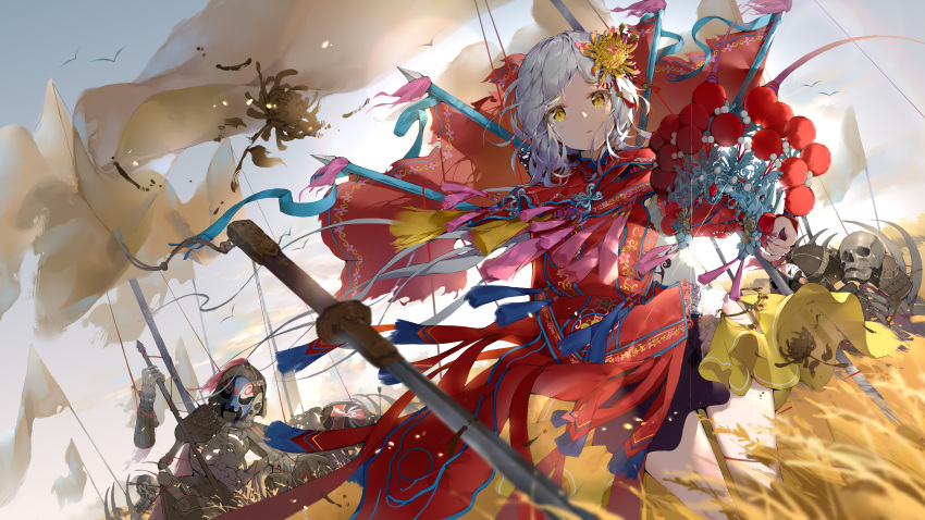 1girl absurdres arm_behind_back arrow_(projectile) bangs banner bare_legs battlefield bird blood blush bodhi_wushushenghua china_dress chinese_clothes chinese_commentary cloud cloudy_sky commentary_request dress dutch_angle embroidered_dress flag grasslands hair_ornament headwear_removed highres holding long_hair looking_at_viewer mask mask_on_head mole mole_under_eye original parted_lips purple_nails red_dress side_cutout skeleton sky solo_focus standing sword tassel tears very_long_hair weapon weapon_on_back white_dress white_flag white_hair yellow_eyes
