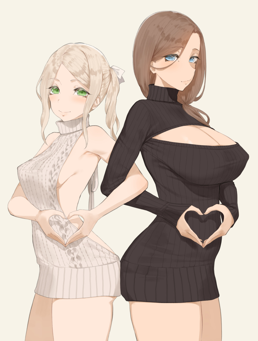 2girls ass-to-ass backless_outfit black_sweater blonde_hair blue_eyes breasts brown_hair cleavage cleavage_cutout closed_mouth clothing_cutout commentary_request from_side green_eyes grey_background hair_between_eyes hair_over_shoulder hair_ribbon heart heart_hands highres large_breasts locked_arms long_hair looking_at_viewer looking_to_the_side medium_breasts meme_attire multiple_girls original paid_reward_available ponytail ribbon sidelocks simple_background smile standing sweater throtem turtleneck turtleneck_sweater virgin_killer_sweater white_ribbon white_sweater