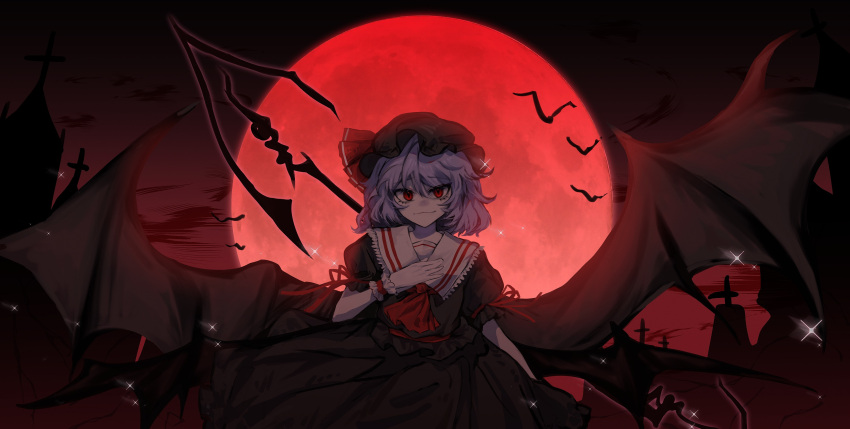 1girl absurdres alternate_color aran_(limi) ascot bat_(animal) bat_wings black_headwear black_shirt black_skirt closed_mouth collared_shirt full_moon hair_between_eyes hand_on_own_chest hat hat_ribbon highres looking_at_viewer medium_hair mob_cap moon multiple_wings night polearm_behind_back purple_eyes red_ascot red_eyes red_moon red_ribbon remilia_scarlet ribbon shirt skirt slit_pupils smug solo sparkle spear_the_gungnir tombstone touhou wings wrist_cuffs