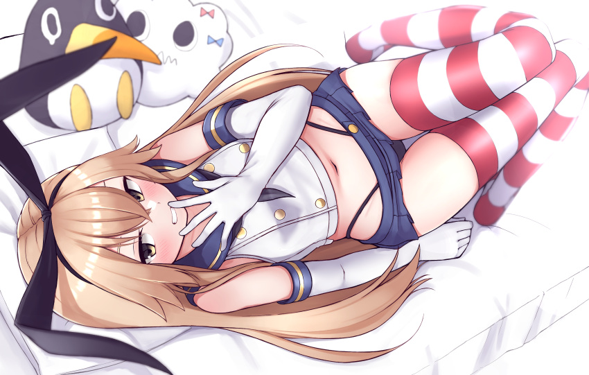 1girl absurdres bed_sheet black_neckerchief black_panties blonde_hair blue_sailor_collar blue_skirt blush crop_top elbow_gloves failure_penguin gloves grin hair_between_eyes highleg highleg_panties highres kantai_collection long_hair lying miniskirt miss_cloud navel neckerchief on_back panties pillow pleated_skirt sailor_collar school_uniform serafuku shimakaze_(kancolle) skirt sleeveless smile solo striped striped_thighhighs thighhighs tiemu_(man190) underwear white_gloves yellow_eyes