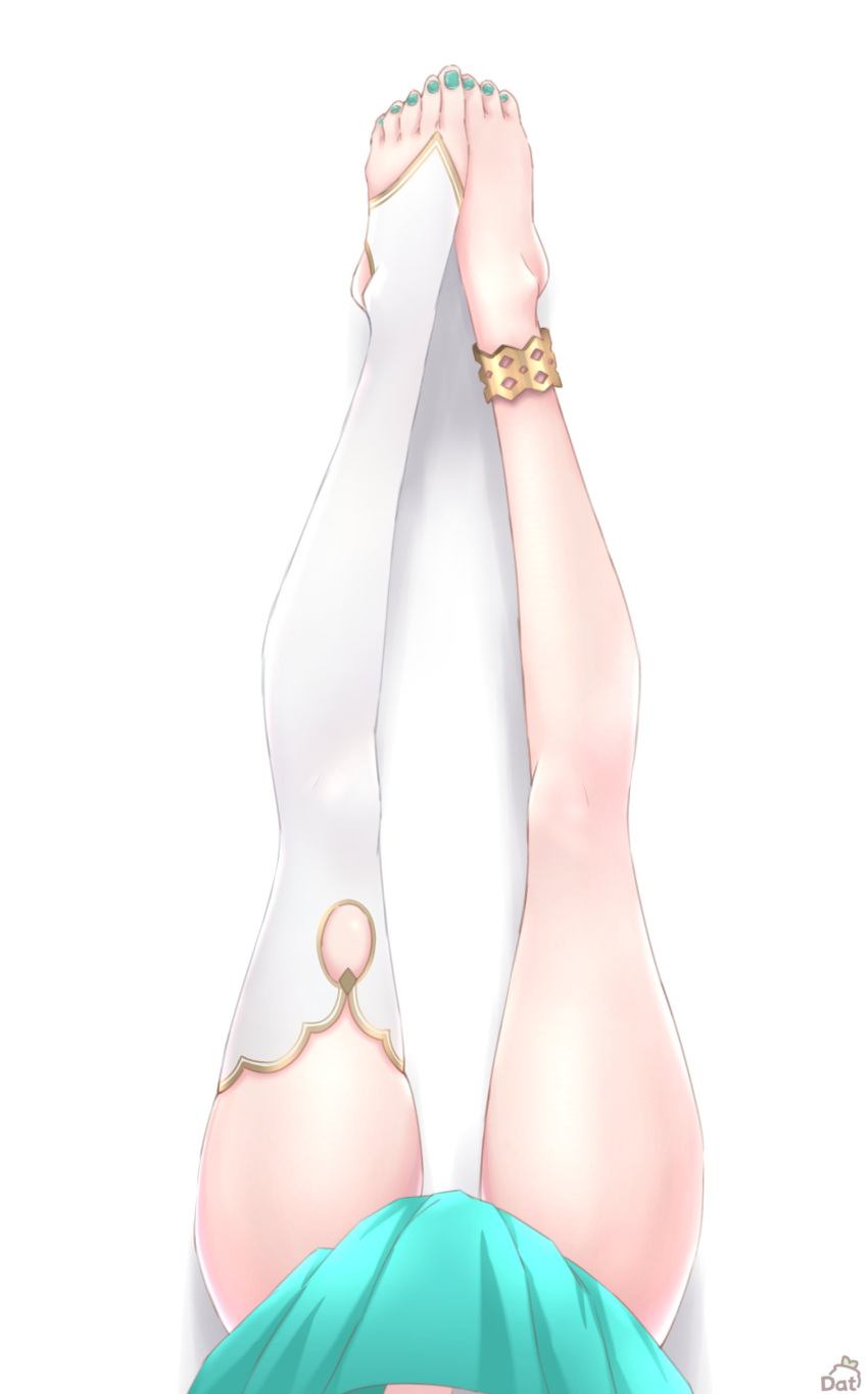1girl absurdres anklet ceres_fauna feet green_nails head_out_of_frame highres hikigaya_0926 hololive hololive_english jewelry legs lower_body signature single_thighhigh skirt solo thighhighs thighs virtual_youtuber white_background