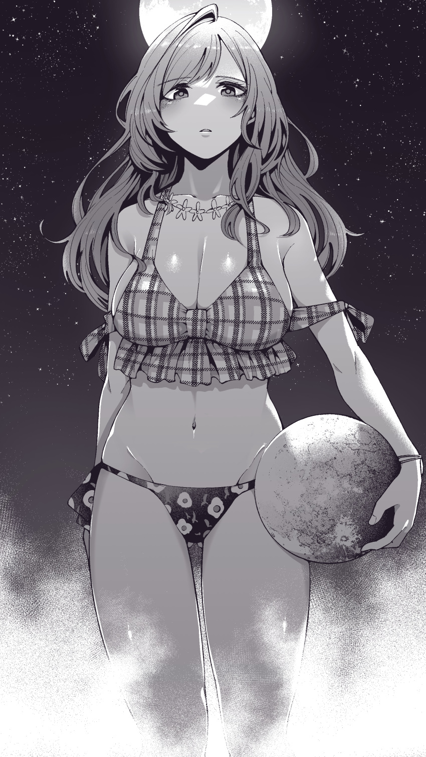 1girl absurdres ahoge ball bikini breasts commentary_request fog full_moon greyscale highres holding holding_ball idolmaster idolmaster_shiny_colors large_breasts looking_at_viewer mismatched_bikini monochrome moon navel night night_sky skindentation sky standing star_(sky) starry_sky swimsuit tokufumi tsukioka_kogane