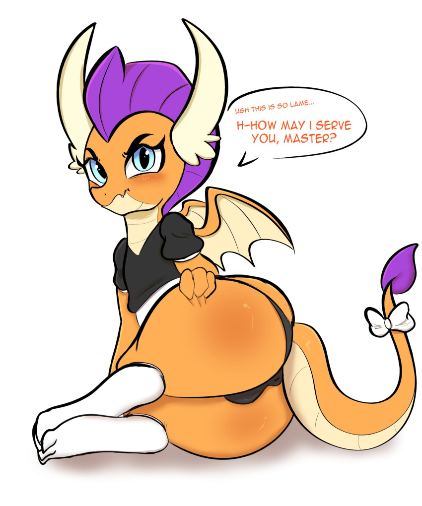 2_horns 3_fingers 3_toes accessory anthro big_butt blue_eyes butt clothing dialogue dragon elewdfurs english_text fangs feet fingers footwear friendship_is_magic furgonomics hair hasbro hi_res horn maid_uniform my_little_pony orange_body panties purple_hair ribbons scalie simple_background smolder_(mlp) socks tail_accessory tan_body text toes underwear uniform western_dragon white_background wide_hips wings