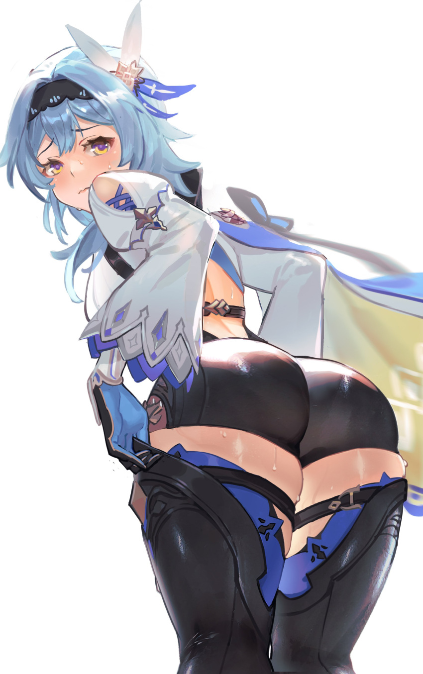 1girl 3: absurdres adjusting_clothes adjusting_legwear ass backless_outfit bangs black_bodysuit black_gloves black_shorts blue_gloves blue_hair bodysuit boots closed_mouth clothing_cutout cross-laced_clothes embarrassed eula_(genshin_impact) feet_out_of_frame from_behind genshin_impact gloves hairband highres layered_sleeves leaning_forward looking_at_viewer looking_back revision shorts shoulder_cutout simple_background skindentation solo sweat thick_thighs thigh_strap thighhighs thighhighs_under_boots thighs two-tone_gloves white_background yellow_eyes zhudouzi