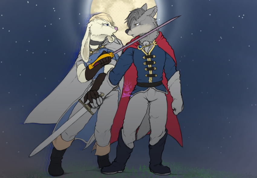 anthro canid canine canis cape clothing duel duo eye_contact geno28_(artist) hair hi_res lagomorph leporid looking_at_another male male/male mammal melee_weapon prince_kanin_(geno28) rabbit rapier story story_in_description sword tagme the_prince_(trick_moon) weapon wolf