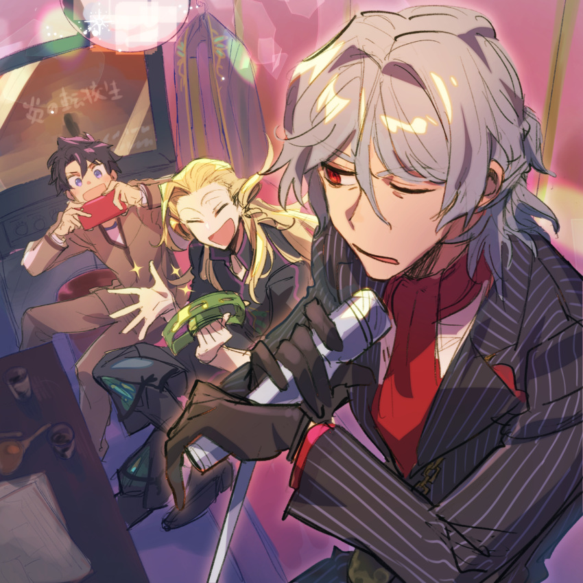 3boys antonio_salieri_(fate) antonio_salieri_(second_ascension)_(fate) ascot black_gloves black_hair blonde_hair blue_eyes breast_pocket closed_eyes coat coat_removed crossed_legs curly_hair disco_ball fate/grand_order fate_(series) formal fujimaru_ritsuka_(male) gloves grey_hair hair_between_eyes hair_intakes half_updo highres holding holding_instrument holding_microphone holding_phone homurahara_academy_school_uniform indoors instrument karaoke long_hair long_sleeves looking_at_another male_focus me_(mikannu) microphone multiple_boys music one_eye_closed open_mouth phone pinstripe_pattern pinstripe_suit pocket red_ascot red_eyes school_uniform short_hair singing sitting smile star_(symbol) striped suit tambourine television wolfgang_amadeus_mozart_(fate)