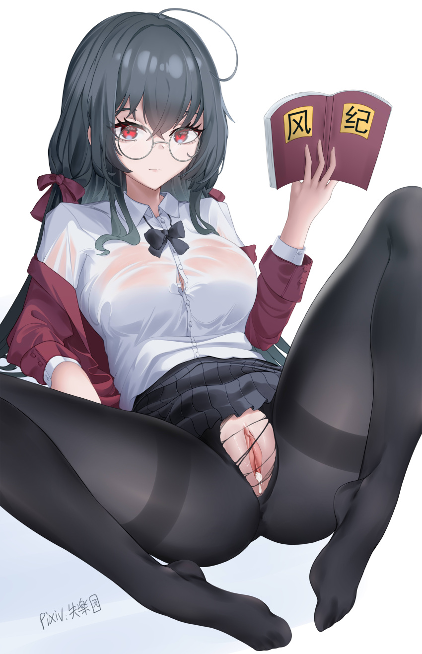 1girl absurdres ahoge azur_lane black_hair black_skirt book breasts glasses highres holding holding_book jacket large_breasts long_sleeves looking_at_viewer lying miniskirt official_alternate_costume on_back open_book open_clothes open_jacket pantyhose pleated_skirt red_eyes red_jacket round_eyewear school_uniform shirt shitsurakuen_(paradise_lost) simple_background skirt spread_legs taihou_(azur_lane) taihou_(sweet_time_after_school)_(azur_lane) thighband_pantyhose torn_pantyhose white_background white_shirt