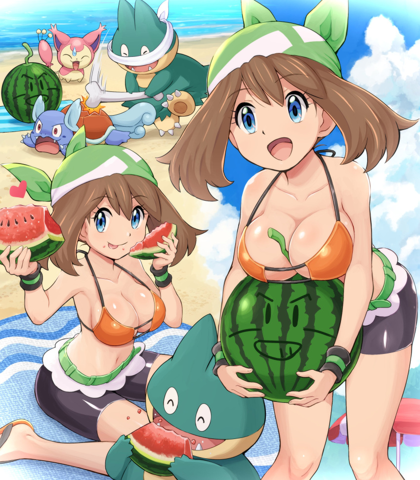 1girl :d :p absurdres bandana beach beach_umbrella bike_shorts bikini bikini_top_only blindfold blue_eyes blue_sky breasts brown_hair cloud day eating food food_on_face fruit green_bandana green_belt highres hitting holding holding_food holding_fruit large_breasts may_(pokemon) medium_hair multiple_views munchlax navel open_mouth outdoors pokemoa pokemon pokemon_(creature) pokemon_(game) pokemon_rse sitting skitty sky smile strap_gap swimsuit tongue tongue_out umbrella wariza wartortle watermelon watermelon_slice wristband