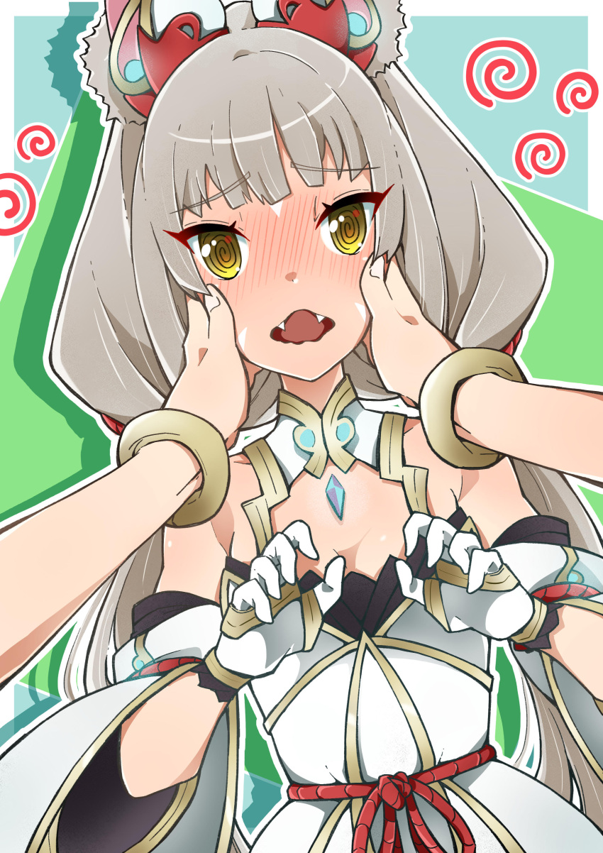 1girl @_@ absurdres animal_ears blush bracelet breasts brown_eyes cat_ears chest_jewel cleavage facial_mark fangs gloves grey_hair hands_on_another's_face highena highres jewelry looking_at_viewer nia_(blade)_(xenoblade) nia_(xenoblade) open_mouth pov solo_focus whisker_markings xenoblade_chronicles_(series) xenoblade_chronicles_2