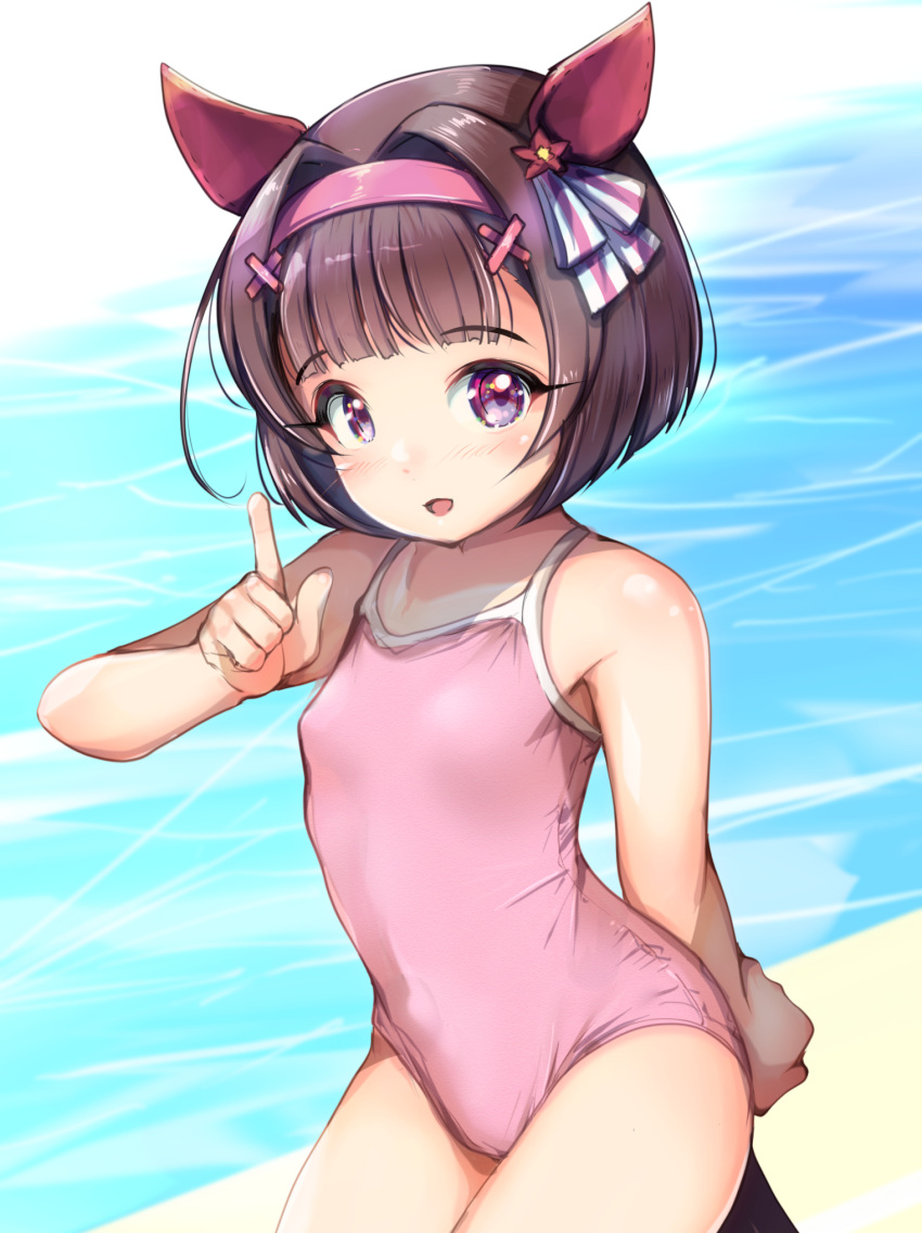 1girl animal_ears bangs black_hair blunt_bangs bob_cut commentary_request competition_school_swimsuit cowboy_shot ear_covers hair_ornament hairband highres horse_ears horse_girl horse_tail index_finger_raised nishino_flower_(umamusume) pink_hairband pink_one-piece_swimsuit purple_eyes school_swimsuit short_hair single_ear_cover solo swimsuit tail umamusume water x_hair_ornament yashin_(yasinz)