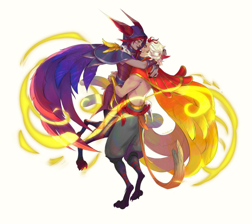 1boy 1girl bangs black_nails cape carrying carrying_person ears_through_headwear eye_contact facial_mark grey_background grey_hair hetero highres hood hood_up hug league_of_legends looking_at_another nail_polish oxiente pants rakan_(league_of_legends) red_cape red_hair rope_belt shiny shiny_hair short_hair simple_background smile standing whisker_markings wings xayah