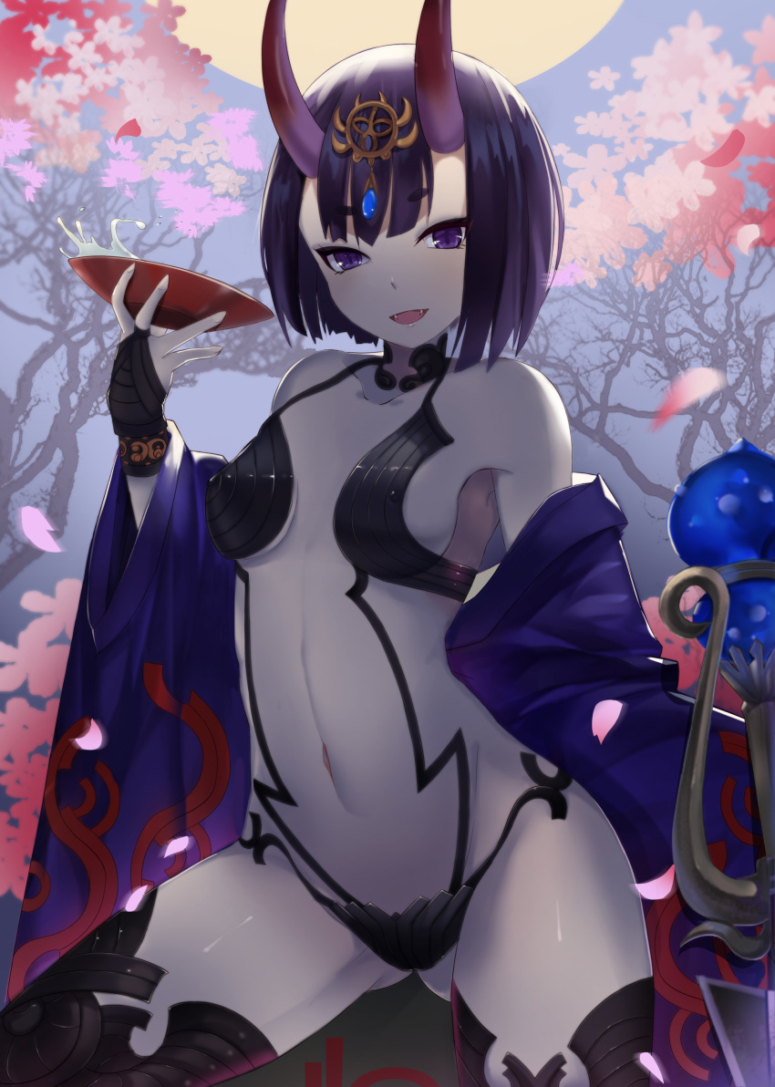 1girl absurdres ass_visible_through_thighs bare_shoulders bridal_gauntlets cherry_blossoms commentary_request covered_nipples cup fangs fate/grand_order fate_(series) highres holding holding_cup horns japanese_clothes kimono looking_at_viewer magician_(china) md5_mismatch moon navel off_shoulder oni oni_horns open_clothes open_kimono open_mouth photoshop_(medium) purple_eyes purple_hair revision sakazuki short_eyebrows short_hair shuten_douji_(fate) solo splashing sword tree weapon