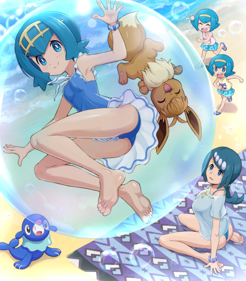 4girls absurdres alternate_costume arm_support barefoot beach beach_towel blue_eyes blue_hair blue_one-piece_swimsuit bracelet breasts bright_pupils bubble character_print closed_mouth commentary_request day eevee freckles frills hairband harper_(pokemon) highres jewelry lana's_mother_(pokemon) lana_(pokemon) looking_up mother_and_daughter multiple_girls no_sclera one-piece_swimsuit outdoors pink_shirt pokemoa pokemon pokemon_(anime) pokemon_(creature) pokemon_sm_(anime) popplio running sand sandals sarah_(pokemon) shellder shirt shore short_hair siblings sisters sitting sleeveless sleeveless_shirt slowpoke smile soles swimsuit toes towel water white_pupils yellow_hairband yellow_shirt