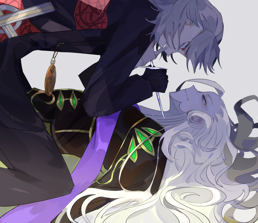 2boys absurdres all_fours antonio_salieri_(fate) antonio_salieri_(second_ascension)_(fate) bags_under_eyes black_gloves blonde_hair cross curly_hair evil_smile fate/grand_order fate_(series) fingernails from_side gloves grey_hair hand_on_another's_chin highres holding holding_knife kittchi_(kmmr_004) knife long_hair long_sleeves looking_at_another lying male_focus multiple_boys on_back open_mouth pendant_watch pointing_weapon purple_eyes red_eyes sharp_fingernails short_hair simple_background smile very_long_hair weapon white_background wide-eyed wolfgang_amadeus_mozart yaoi