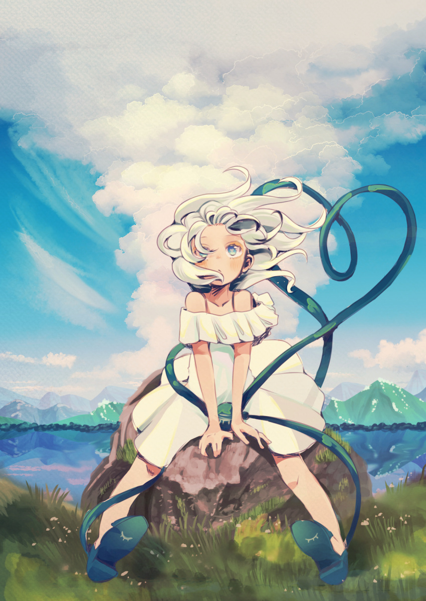 1girl bare_shoulders blue_footwear blush bright_pupils cloud culotte_(hosenrock) dress expressionless eyeball floating_hair flower full_body grass heart heart-shaped_pupils heart_of_string high_heels highres horizon komeiji_koishi lake light_green_hair looking_afar medium_hair mountain mountainous_horizon off-shoulder_dress off_shoulder on_rock outdoors sitting solo symbol-shaped_pupils third_eye touhou wavy_hair white_dress white_pupils