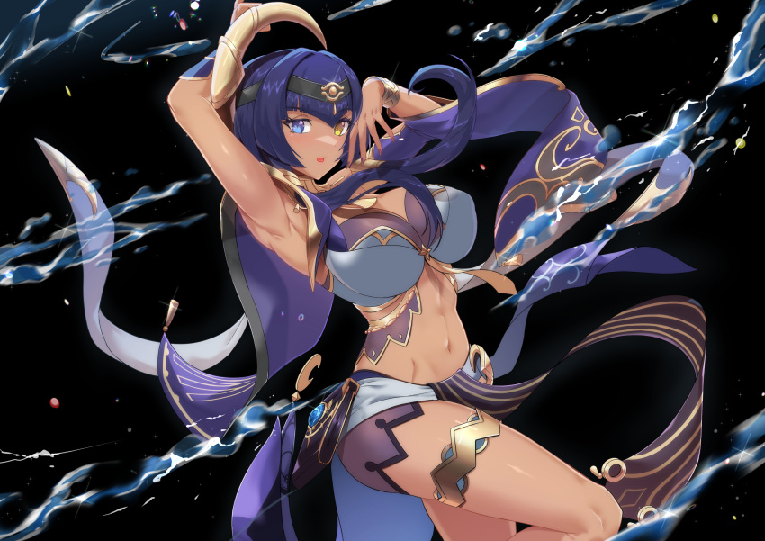 1girl absurdres bangs bare_shoulders blue_eyes blue_hair blue_shorts blue_skirt breasts bridal_gauntlets candace_(genshin_impact) cleavage dark-skinned_female dark_skin detached_sleeves genshin_impact gold_trim hair_ornament hairband halterneck heterochromia highres jewelry large_breasts looking_at_viewer medium_hair navel neck_ring open_mouth sash short_shorts shorts sidelocks skirt solo thighlet thighs torahime_(roland00) water yellow_eyes