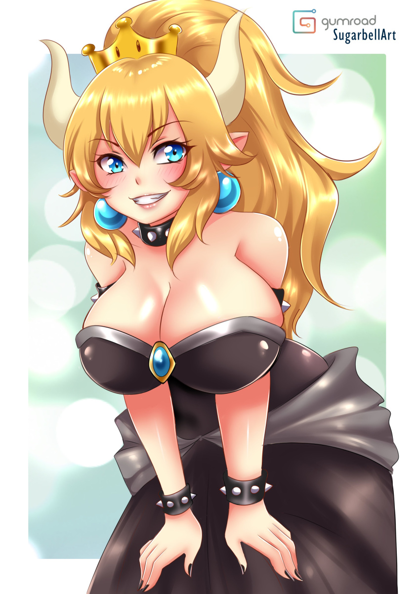 1girl absurdres armlet bangs bare_shoulders black_collar black_dress black_nails blonde_hair blue_eyes bowsette bracelet breasts cleavage collar crown dress earrings fingernails grin hair_between_eyes high_ponytail highres horns huge_breasts jewelry leaning_forward lips long_hair looking_at_viewer mario_(series) nail_polish new_super_mario_bros._u_deluxe paid_reward_available patreon_logo patreon_username pointy_ears shiny shiny_hair shiny_skin sidelocks smile solo spiked_armlet spiked_bracelet spiked_collar spikes strapless strapless_dress sugarbell very_long_hair