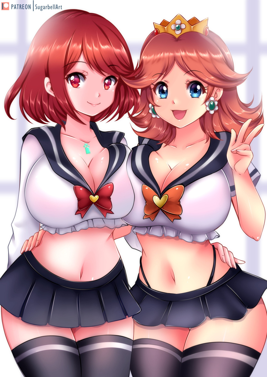 2girls absurdres alternate_costume bangs breasts chest_jewel cleavage crossover earrings flower_earrings highres jewelry large_breasts mario_(series) multiple_girls navel princess_daisy pyra_(xenoblade) red_eyes red_hair short_hair sugarbell swept_bangs xenoblade_chronicles_(series) xenoblade_chronicles_2