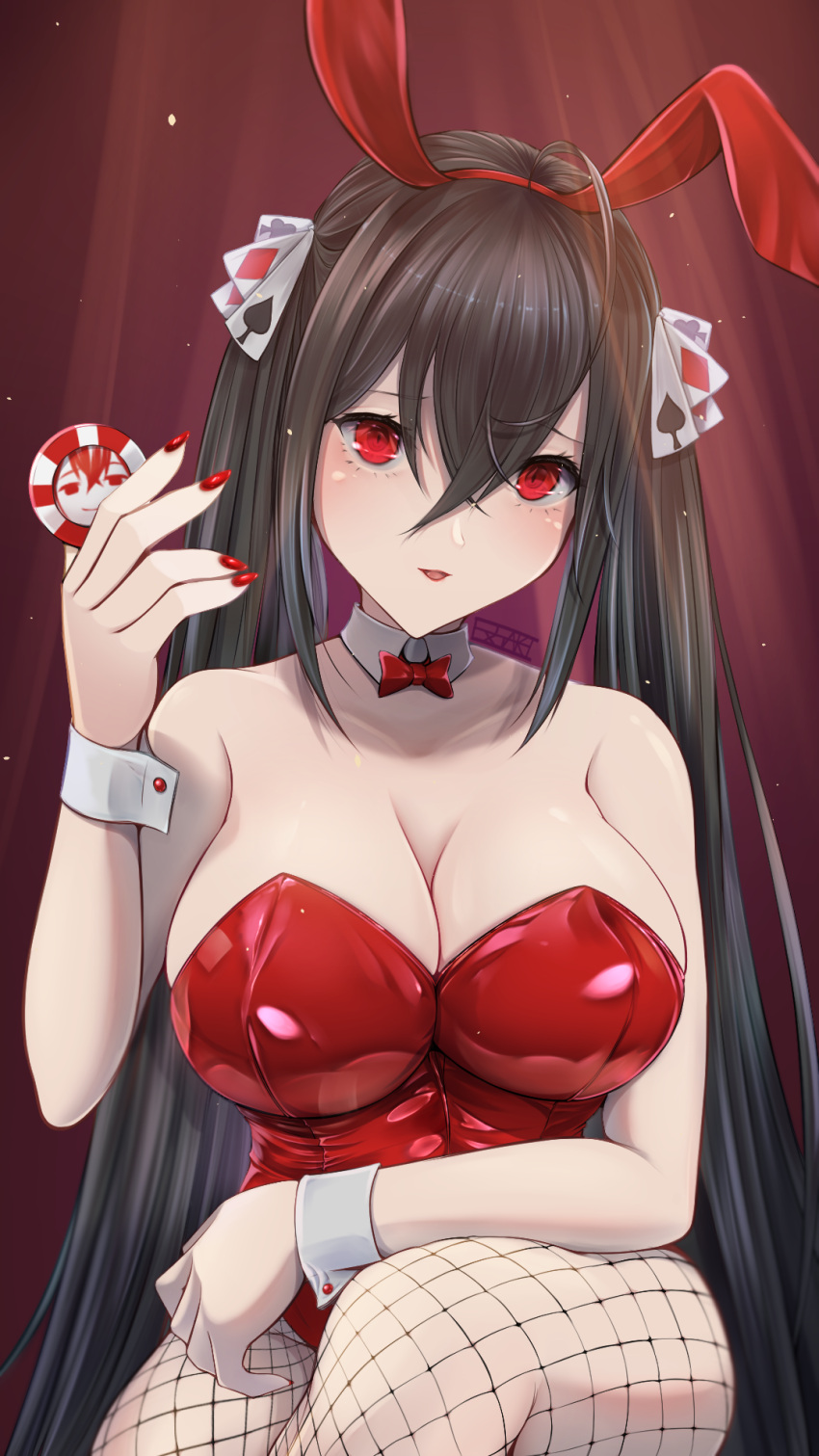 1girl alternate_costume animal_ears azur_lane bangs bare_shoulders black_hair blush breasts cleavage detached_collar ex_saki fake_animal_ears fishnet_pantyhose fishnets highleg highleg_leotard highres large_breasts leotard long_hair looking_at_viewer open_mouth pantyhose playboy_bunny red_eyes red_leotard smile solo taihou_(azur_lane) thighs wrist_cuffs