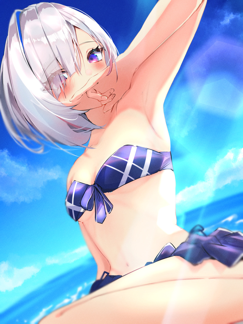 1girl absurdres amane_kanata arm_up armpits bandeau bikini bikini_skirt blue_hair blue_sky blush breasts colored_inner_hair dutch_angle eyes_visible_through_hair front-tie_bikini front-tie_top grey_hair highres hololive lens_flare looking_at_viewer multicolored_hair navel ocean pink_hair short_hair single_hair_intake sky small_breasts solo streaked_hair sui._(suikun) swimsuit virtual_youtuber