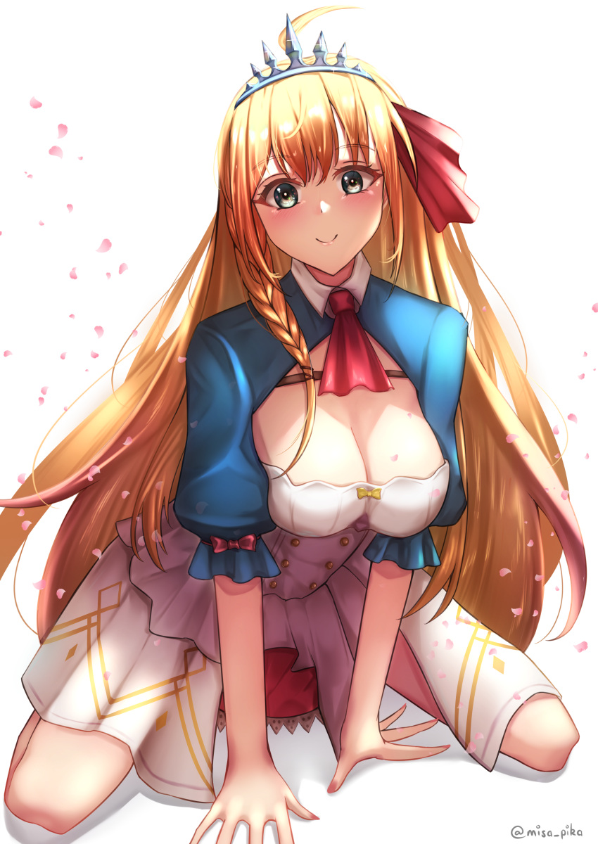 1girl absurdres ahoge artist_name ascot bangs blonde_hair blue_eyes blush braid breasts cleavage closed_mouth commentary crown dated_commentary dress full_body hair_ribbon hands_on_floor highres lips long_hair looking_at_viewer medium_breasts misa_pika on_floor pecorine_(princess_connect!) petals princess_connect! red_ascot red_ribbon ribbon smile solo twitter_username white_background white_dress