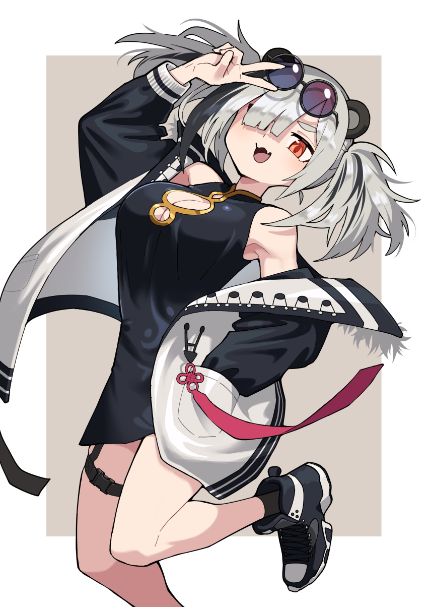 1girl absurdres arknights breasts china_dress chinese_clothes cleavage_cutout clothing_cutout dress evolvingmonkey eyewear_on_head fang feater_(arknights) grey_hair hair_over_one_eye hand_in_pocket highres jacket large_breasts orange_eyes sunglasses twintails v