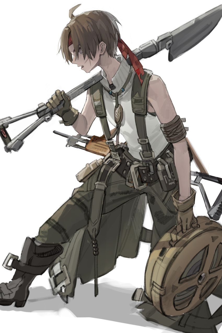 1boy absurdres ahoge armband bare_shoulders belt boots brown_gloves brown_hair checkered_clothes cross_scar dripping flashbang freng gloves grey_eyes grey_footwear gun headband highres holding jewelry male_focus necklace object_request open_mouth original over_shoulder overalls pouch red_headband scar scar_on_cheek scar_on_face simple_background solo sweat torn torn_clothes weapon white_background