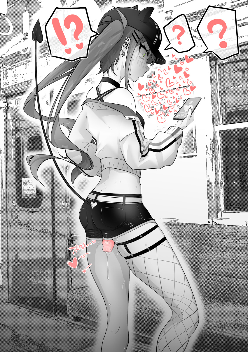 !? 1girl ? absurdres arikui_(ooooalikui) ass asymmetrical_legwear bare_shoulders baseball_cap belt blush breasts cellphone choker commentary_request crop_top cropped_jacket demon_girl demon_tail door ear_piercing exhibitionism feet_out_of_frame fishnets hand_on_own_stomach hand_up hat heart highres holding holding_phone hololive hypnosis indoors jacket legwear_garter long_sleeves medium_breasts midriff mind_control monochrome off_shoulder open_clothes open_jacket phone piercing prolapse public_indecency pussy_juice short_shorts shorts single_thighhigh smartphone solo spot_color standing sweat tail tail_ornament tail_piercing tank_top thighhighs tokoyami_towa train_interior twintails uterine_prolapse virtual_youtuber window