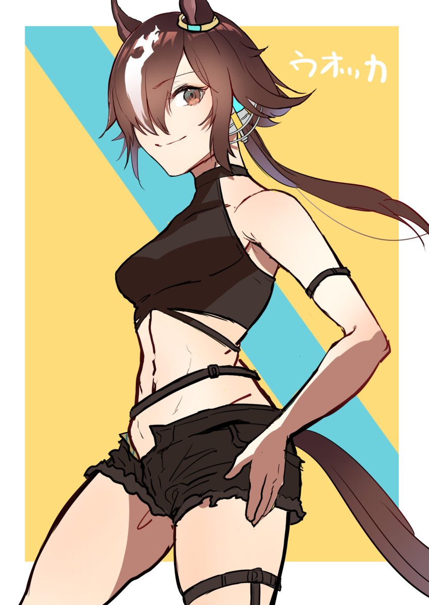 1girl animal_ears bangs bare_shoulders black_shorts blue_background border brown_eyes brown_hair character_name closed_mouth crop_top hair_over_one_eye highres horse_ears horse_girl horse_tail long_hair midriff navel ponytail sanbon_hijiki shirt shorts sleeveless sleeveless_shirt smile solo tail two-tone_background umamusume vodka_(umamusume) white_border yellow_background