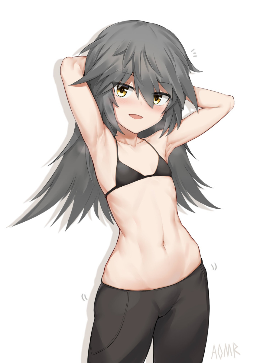 1girl alice_gear_aegis aomoro armpits arms_up black_shorts flat_chest grey_hair hair_between_eyes highres long_hair lowleg lowleg_shorts micro_bra navel open_mouth shinonome_chie shorts simple_background skindentation solo yellow_eyes