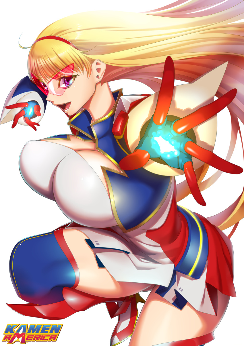 1girl blonde_hair blue_eyes boots breasts cleavage cleavage_cutout clothing_cutout copyright_name covered_navel covered_nipples dress energy floating_hair from_side glasses gloves hairband high_heels highres huge_breasts kamen_america_(comic) kamen_victory kohcy large_breasts long_hair looking_at_viewer open_hand open_mouth purple_eyes reaching_out short_dress sideways_glance simple_background smile solo superhero thighhighs tight tight_dress tinted_eyewear very_long_hair white_background zettai_ryouiki