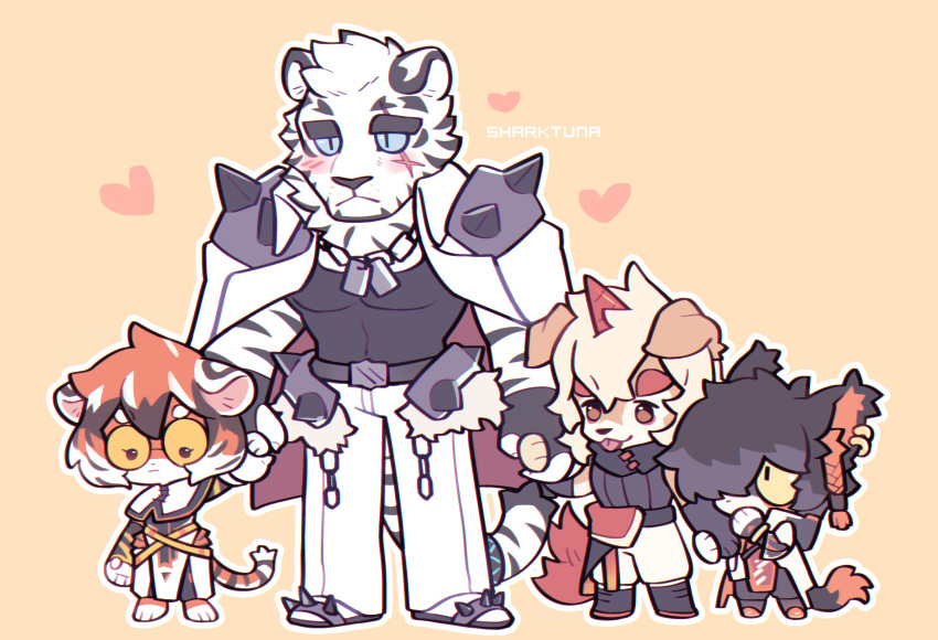 1girl 3boys aak_(arknights) absurdres animal_ears arknights artist_name belt black_belt black_tank_top blue_sclera blush chain_necklace chest_tuft chibi colored_sclera dog_boy dog_ears dog_tail fatherly fingerless_gloves furry furry_female furry_male gloves highres holding_hands hung_(arknights) jewelry male_focus mountain_(arknights) multiple_boys necklace pants pectorals scar scar_across_eye scar_on_face sharktuna short_hair shoulder_spikes size_difference spikes tail tank_top tiger_boy tiger_ears tiger_girl tiger_stripes waai_fu_(arknights) white_fur white_pants