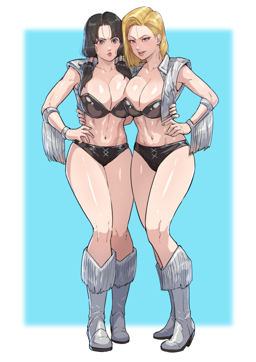 2girls abs absurdres android_18 asymmetrical_docking black_hair blonde_hair blue_eyes boots breast_press breasts cirenk collarbone commission cosplay dead_or_alive dragon_ball dragon_ball_z fingernails hand_on_hip highres huge_breasts looking_at_viewer medium_hair midriff multiple_girls navel one-armed_hug open_mouth stomach sweatdrop thighs tina_armstrong tina_armstrong_(cosplay) toned twintails videl white_footwear wrestling_boots wrestling_outfit