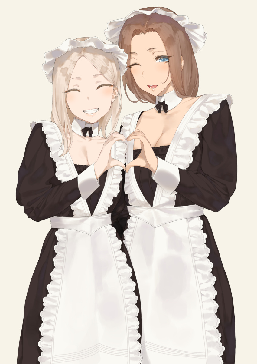 2girls apron arm_behind_back black_dress black_ribbon blonde_hair blue_eyes breasts brown_hair cleavage closed_eyes commentary_request detached_collar dress facing_viewer frilled_apron frills grey_background grin hand_up heart heart_hands heart_hands_duo highres long_hair long_sleeves looking_at_viewer maid medium_breasts multiple_girls one_eye_closed open_mouth original paid_reward_available ribbon simple_background smile standing throtem